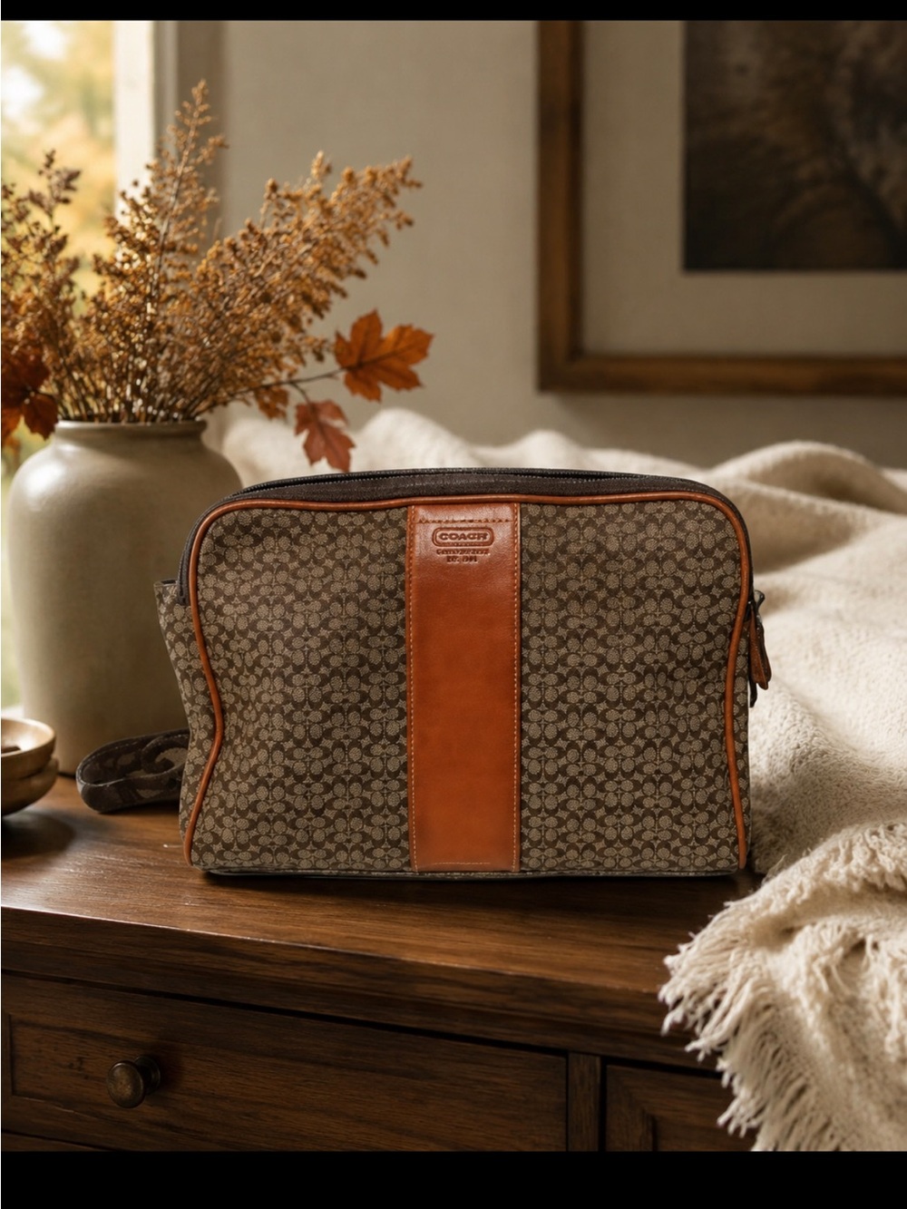 Coach Bag Brown Signature Canvas makeup Pouch with Tan Leather Trim large